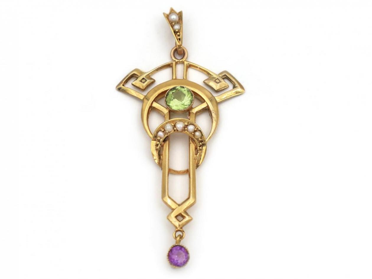 Antique Suffragette Peridot, Pearl & Amethyst Pendant in Gold