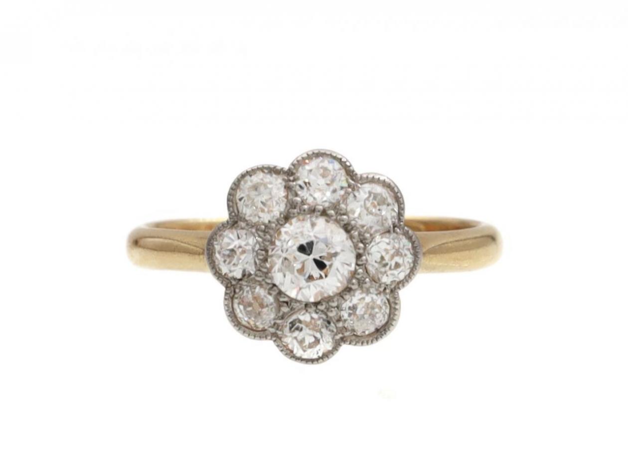 Antique diamond floral cluster engagement ring in 18kt gold