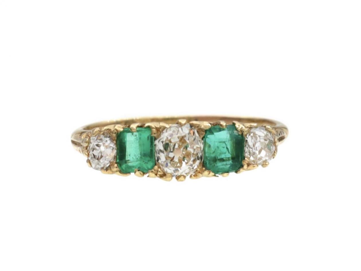 Antique diamond and emerald five stone carved ring