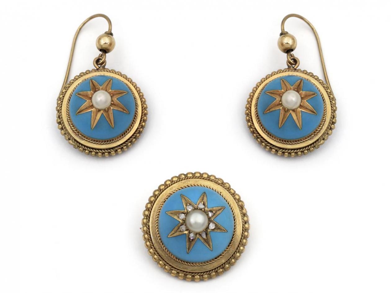 Victorian natural pearl, diamond and light blue enamel Demi-parure