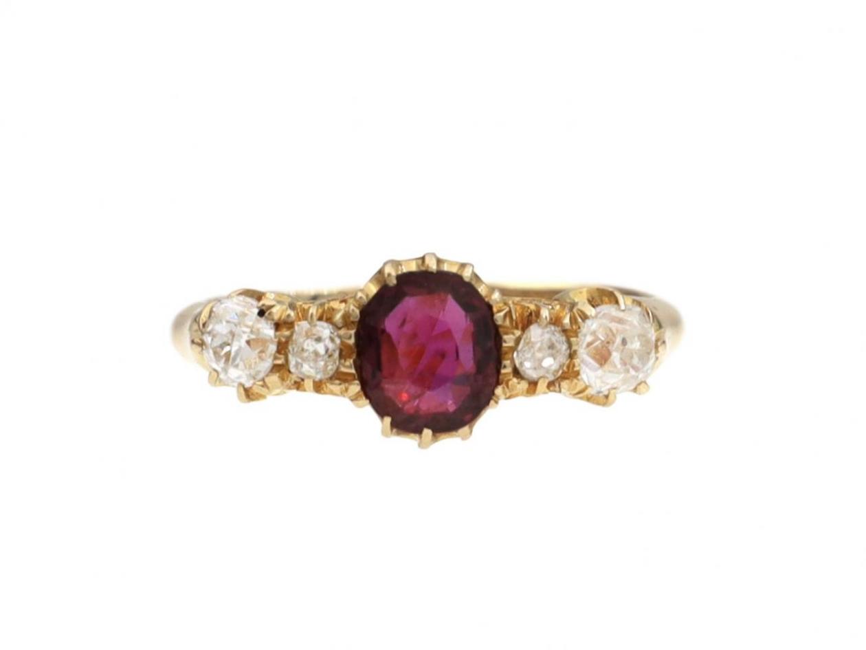 Antique ruby and diamond five stone ring in 18kt yellow gold