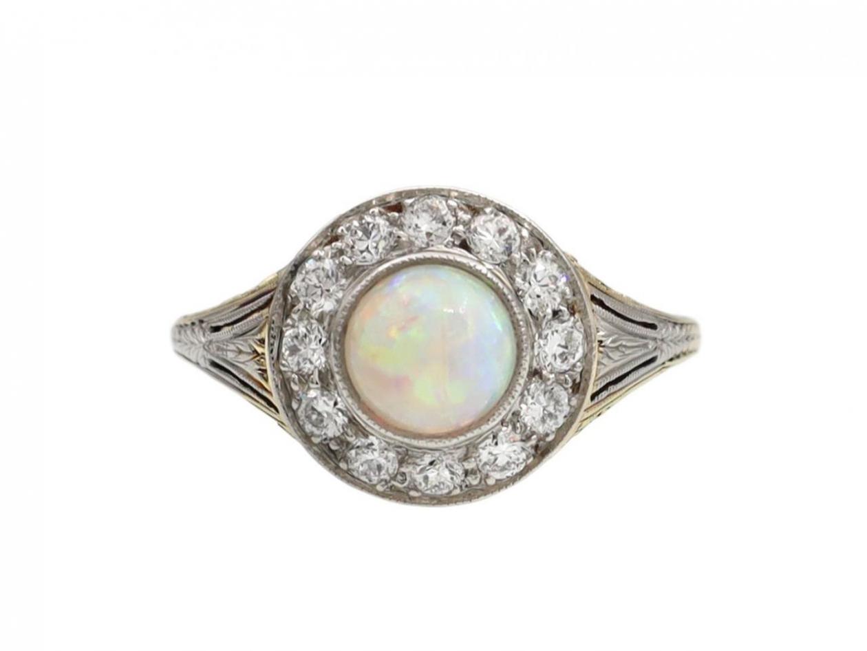 Art Deco Opal & Diamond Circular Cluster Ring in Platinum & Gold