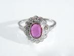 Vintage ruby and diamond floral cluster ring in 18kt white gold