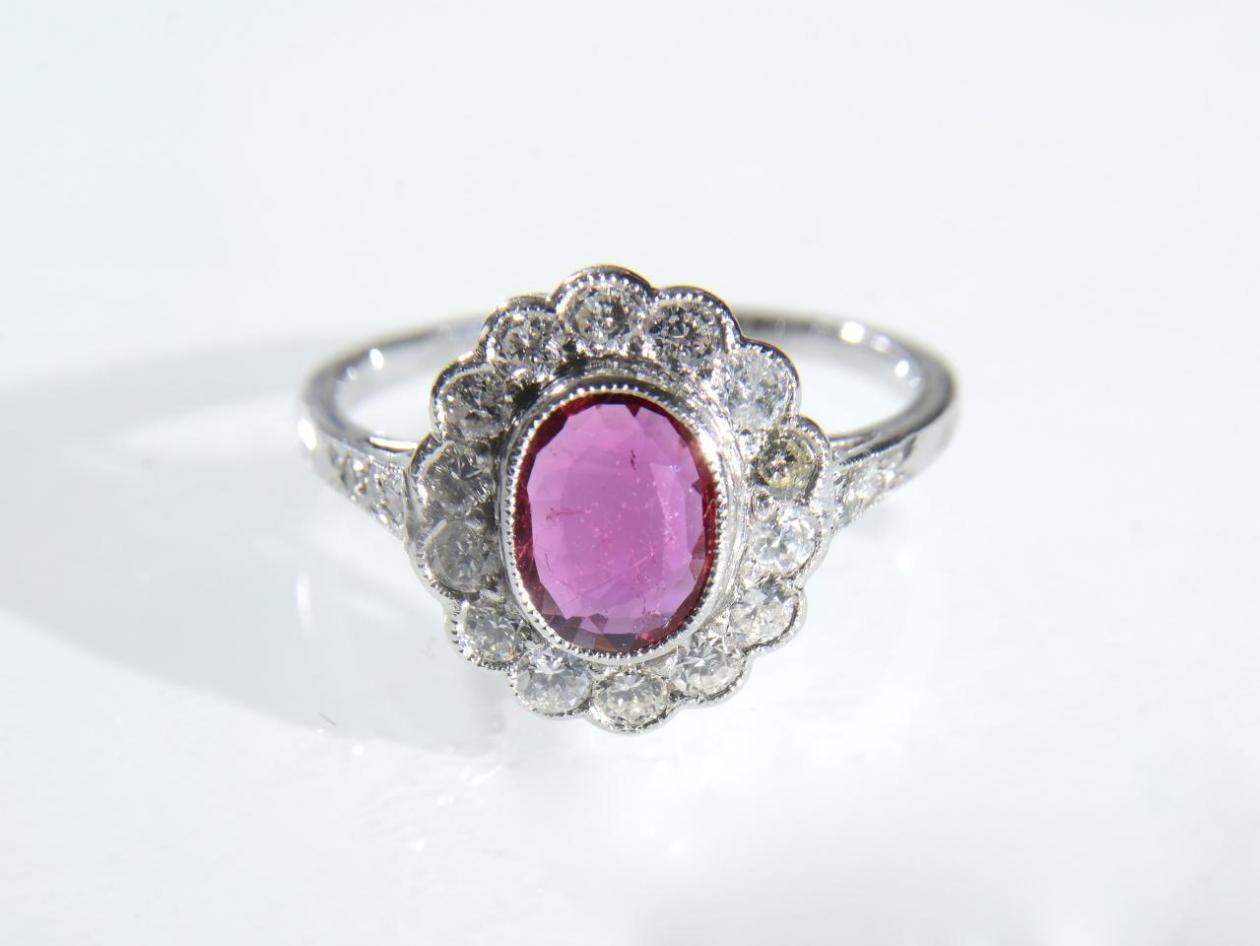 Vintage ruby and diamond floral cluster ring in 18kt white gold