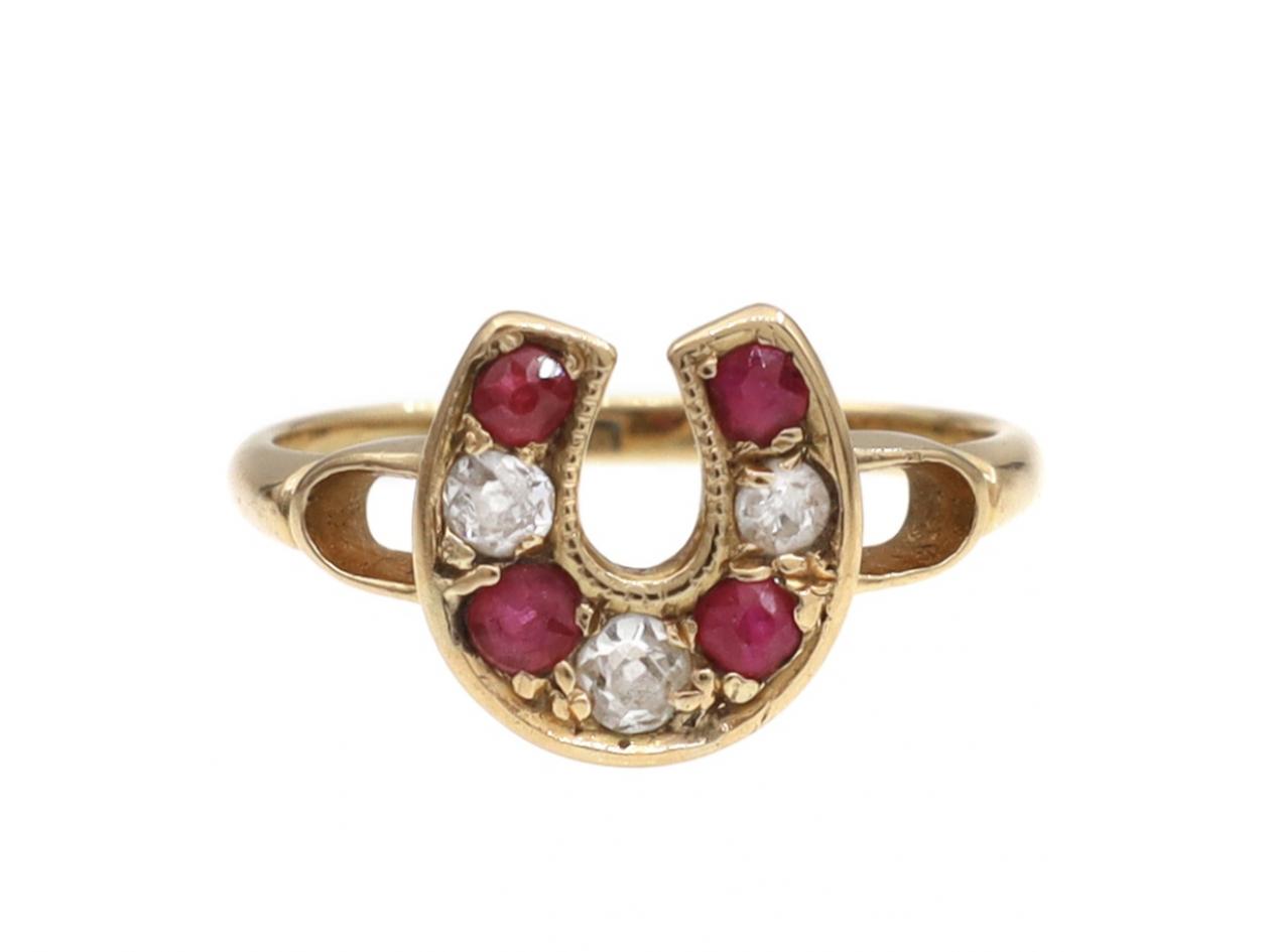 Antique ruby and diamond horseshoe ring in 18kt gold