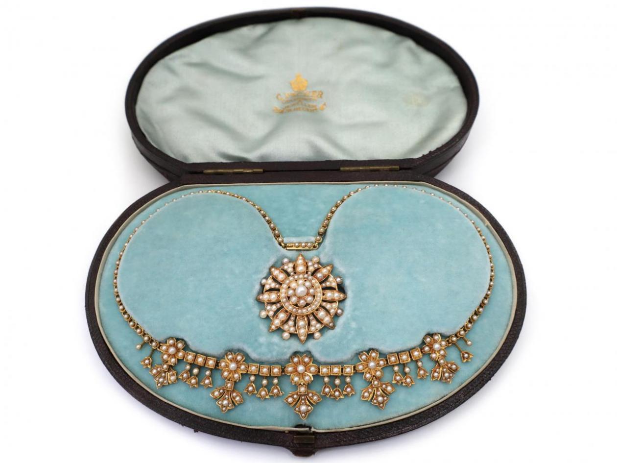 Victorian 15kt Yellow Gold & Natural Pearl Collar & Convertible Pendant Brooch