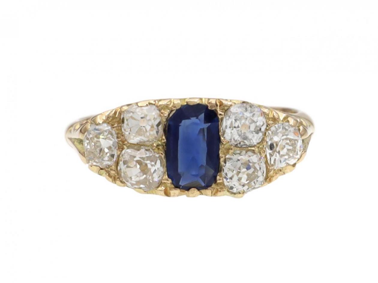 Victorian Sapphire & Diamond Navette Cluster Carved Ring