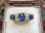 Antique Ceylon Sapphire & Diamond Three Stone Ring in 18kt Gold