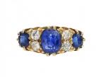 Antique Ceylon sapphire and diamond three stone ring in 18kt gold