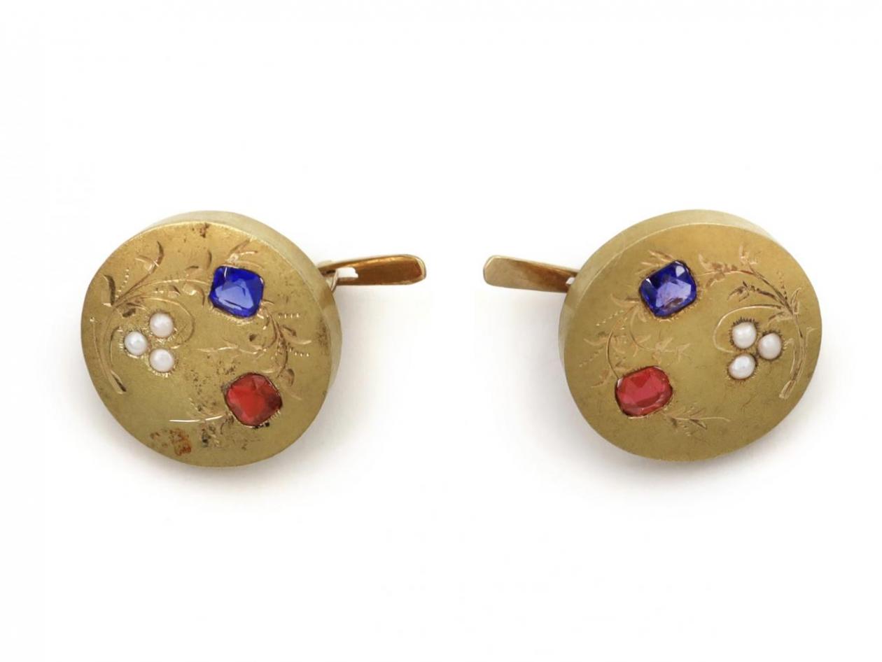 Antique synthetic sapphire, synthetic ruby and pearl circular disk earrings