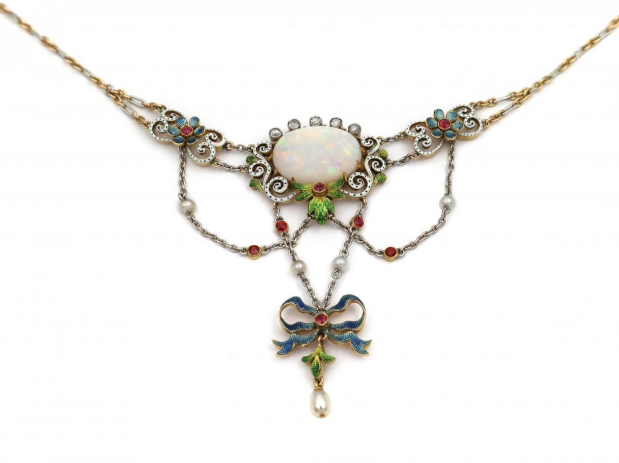 Art Nouveau Opal, Diamond, Ruby, Pearl & Rine Enamel Necklace