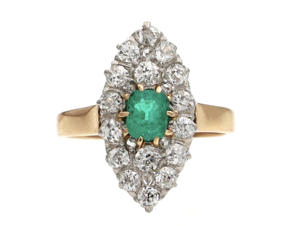 Antique emerald and diamond marquise cluster ring