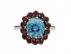 Vintage blue zircon and ruby target cluster ring
