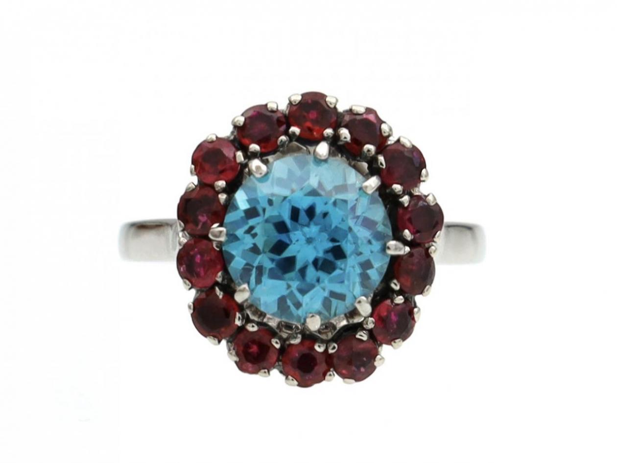 Vintage blue zircon and ruby target cluster ring