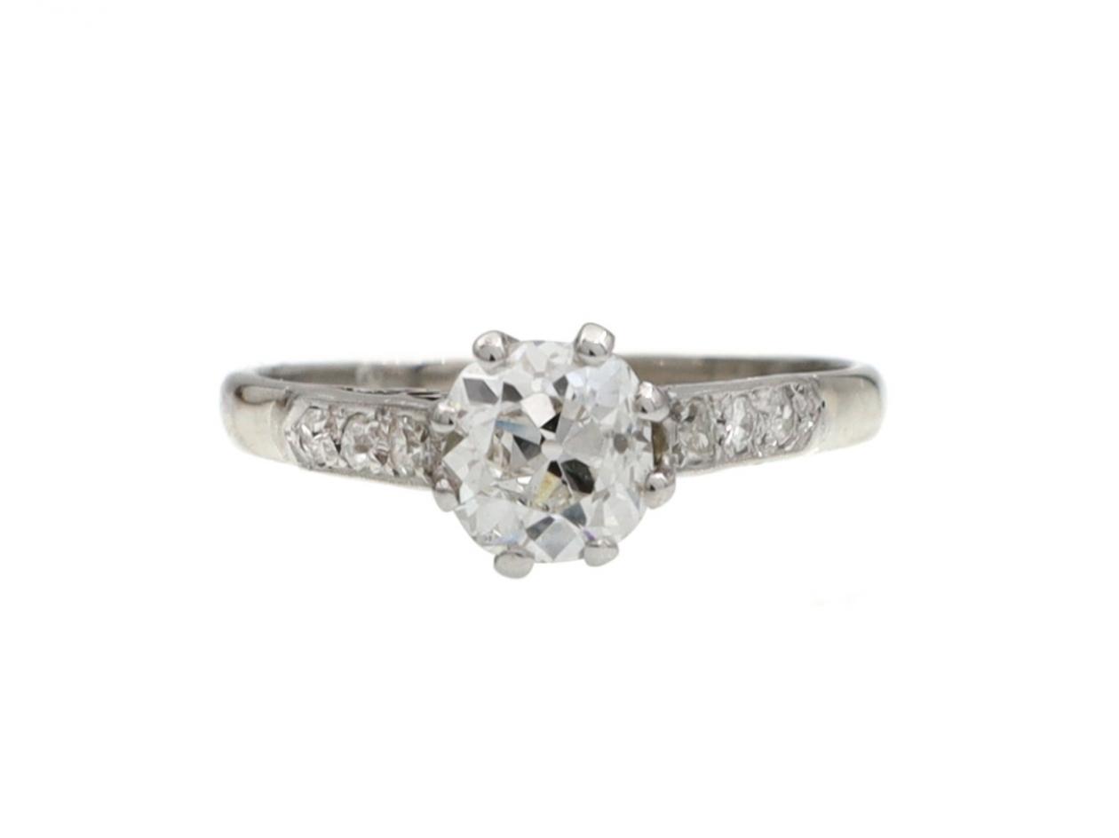 Edwardian cushion shape diamond solitaire engagement ring in platinum