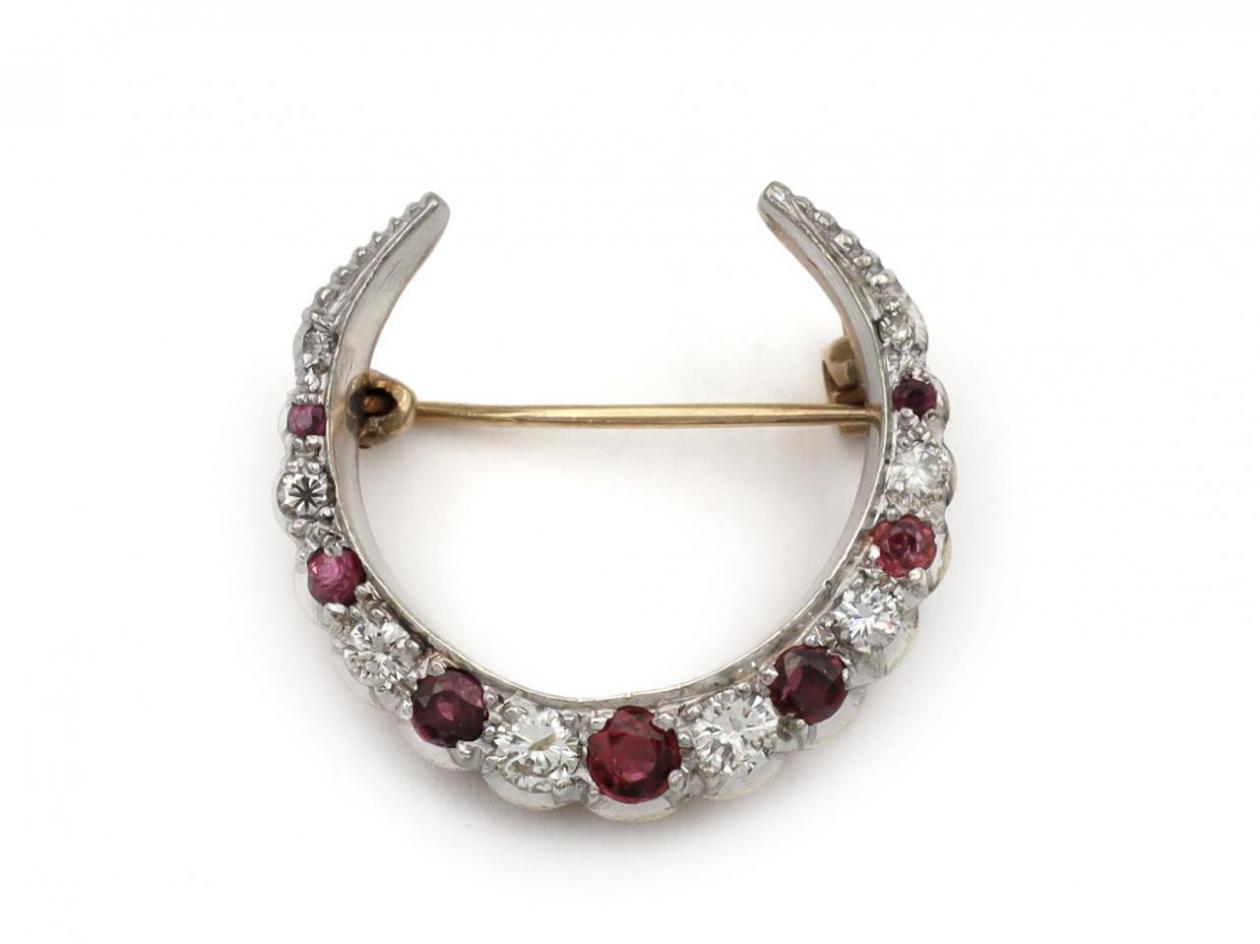Victorian ruby and diamond crescent moon brooch