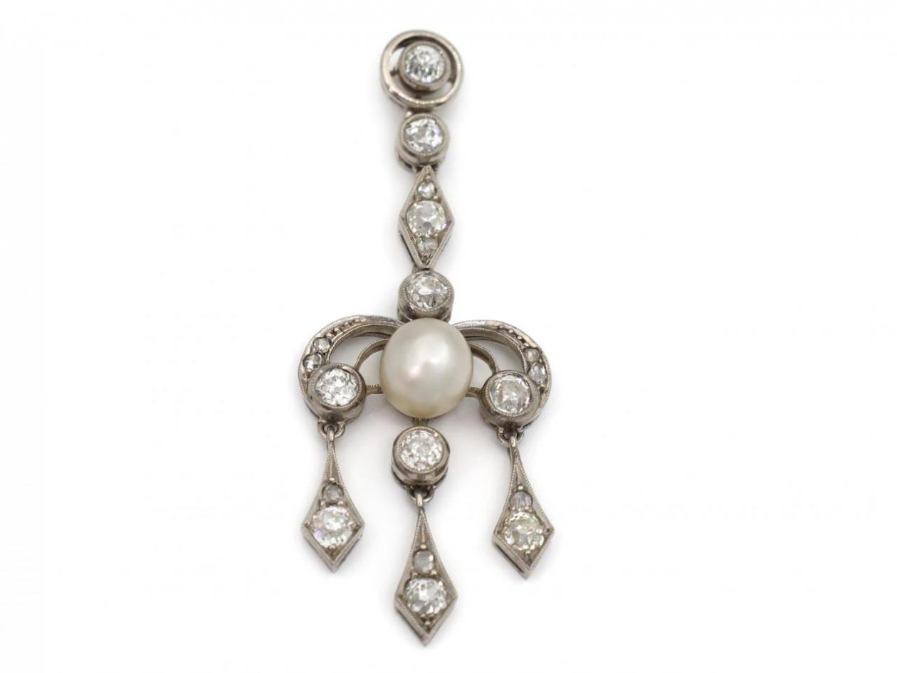 Edwardian natural pearl and diamond girandole pendant