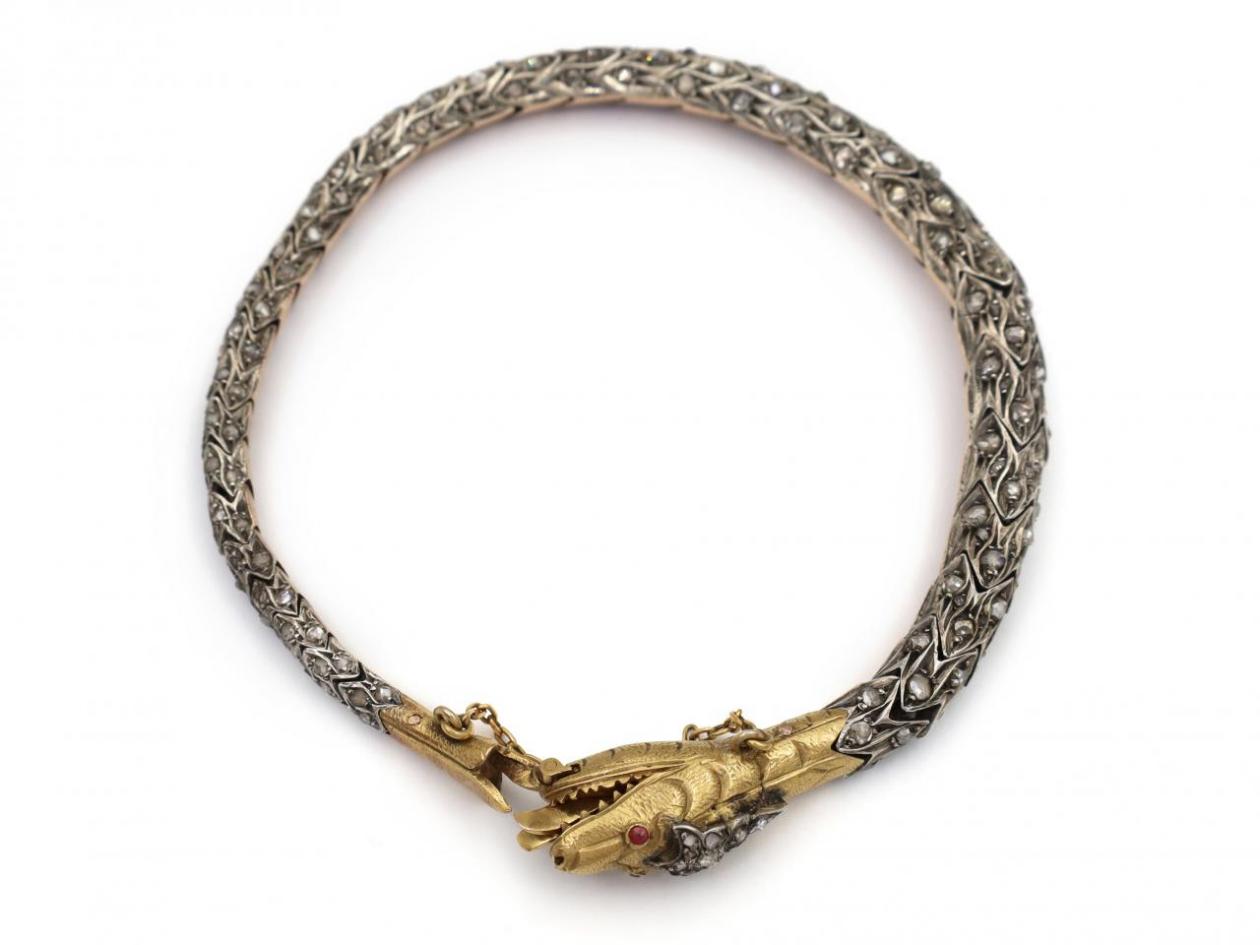 Antique French diamond and ruby ouroboros serpent bracelet