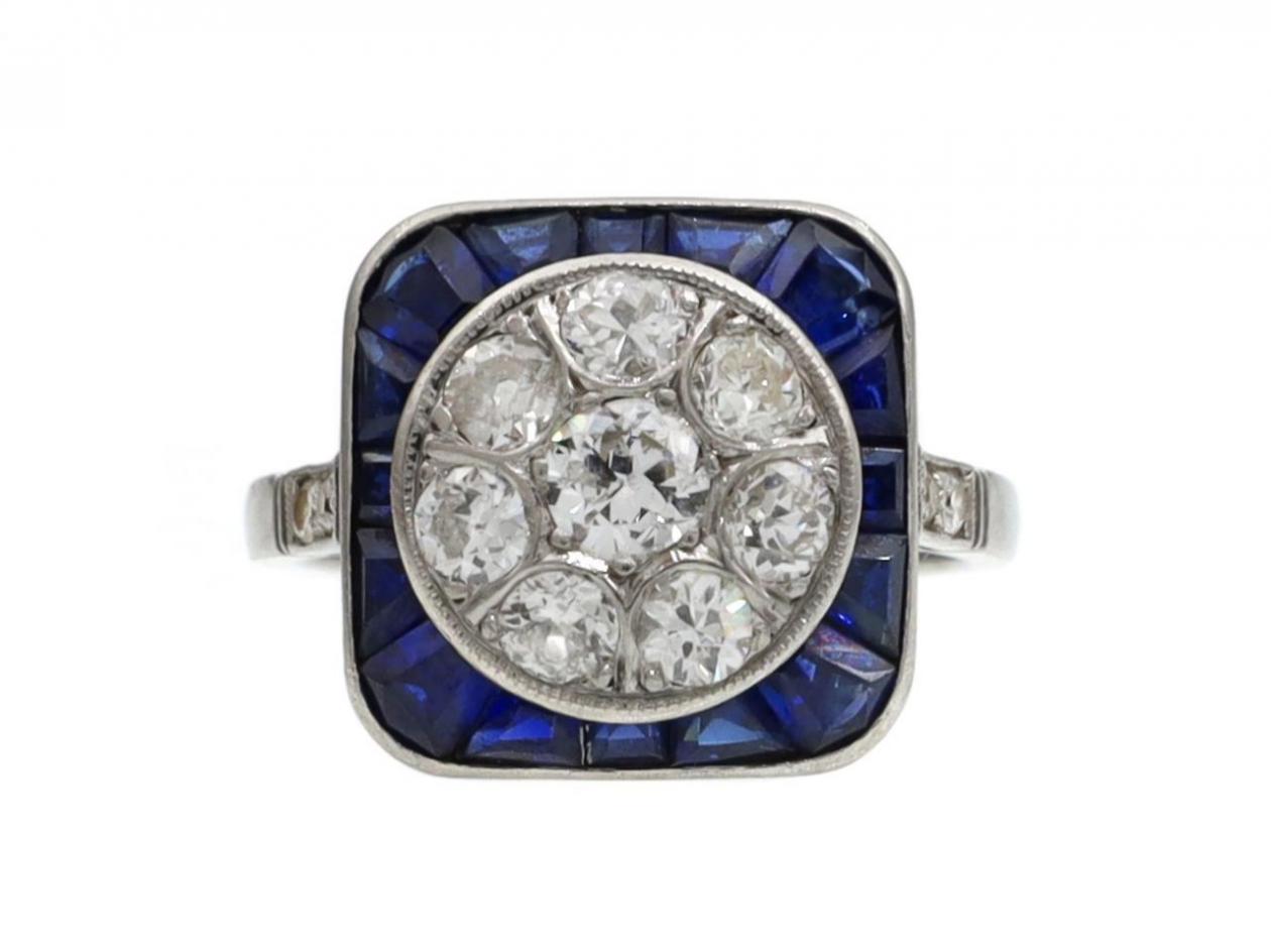 French Art Deco diamond and sapphire cushion shape target ring
