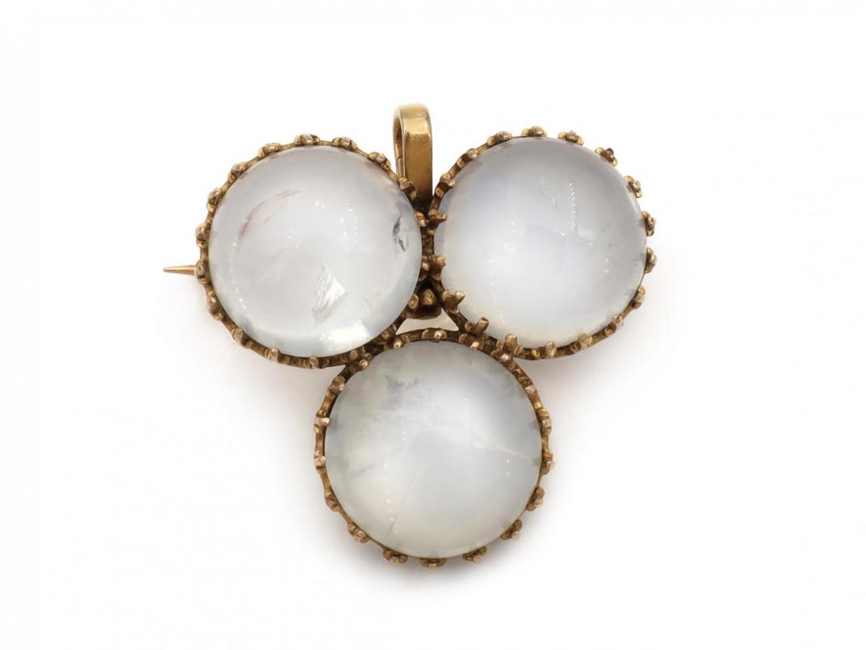 Antique French Moonstone Trefoil Brooch/Pendant In 18kt Gold