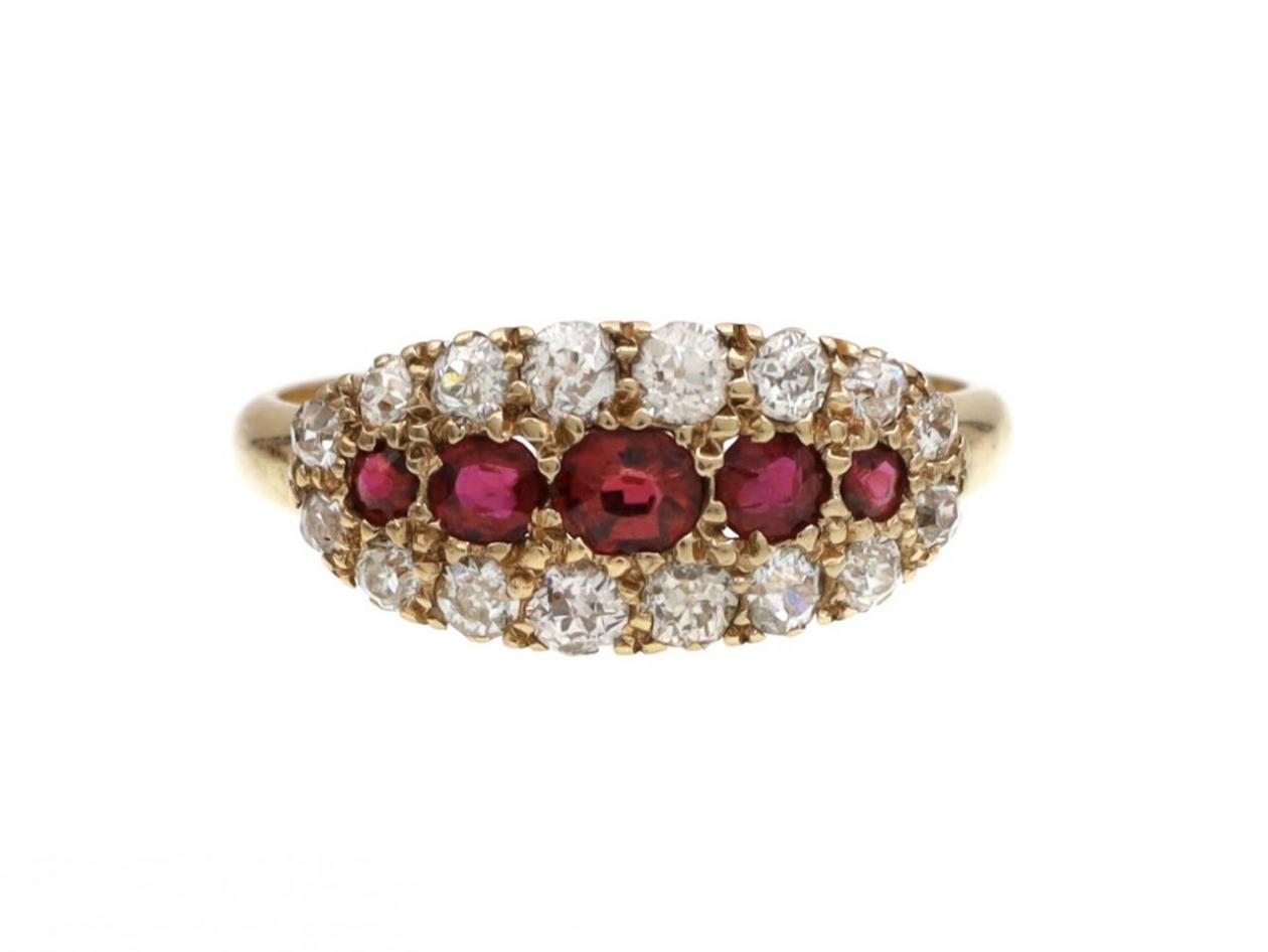 1902 Ruby & Diamond Five Stone Cluster Ring 18kt Yellow Gold