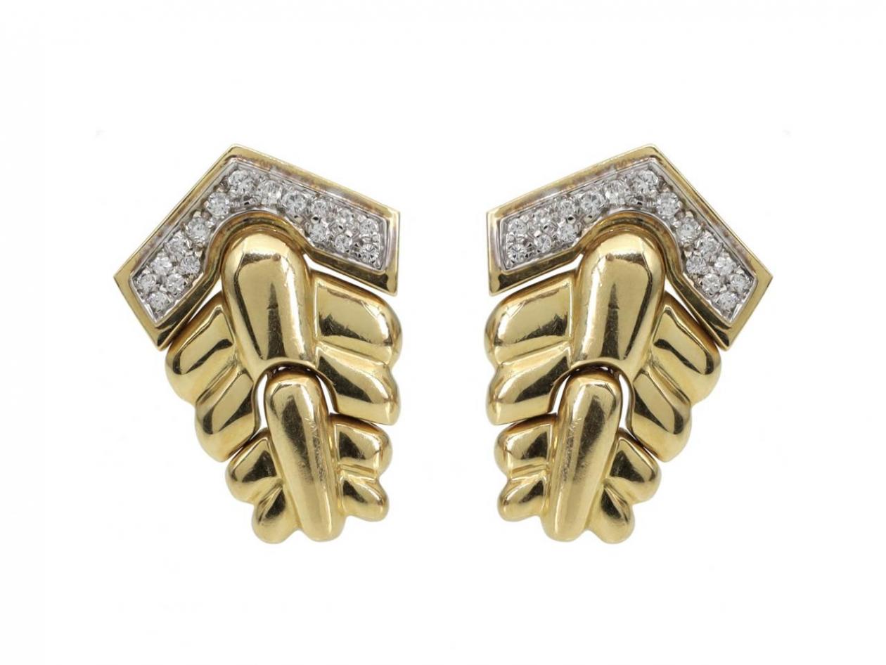 Vintage Italian diamond and 18kt yellow gold chevron drop earrings