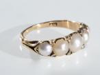 Antique 18kt yellow gold five stone pearl and diamond ring