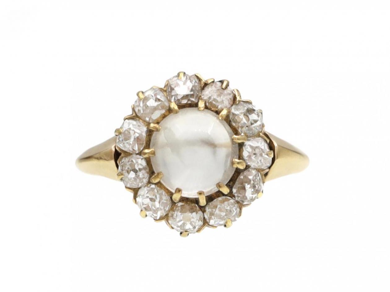 antique moonstone and diamond cluster ring, coronet cluster ring,
