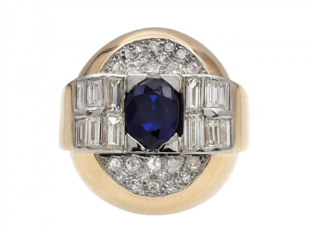1940s Sapphire & Diamond Tank Ring in 18kt Gold
