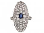 Vintage sapphire and diamond curved navette cluster ring in platinum