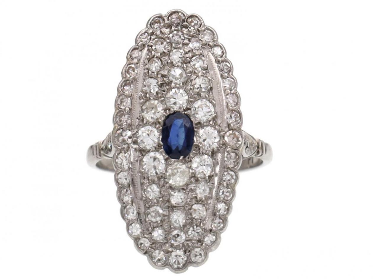 Vintage sapphire and diamond curved navette cluster ring in platinum