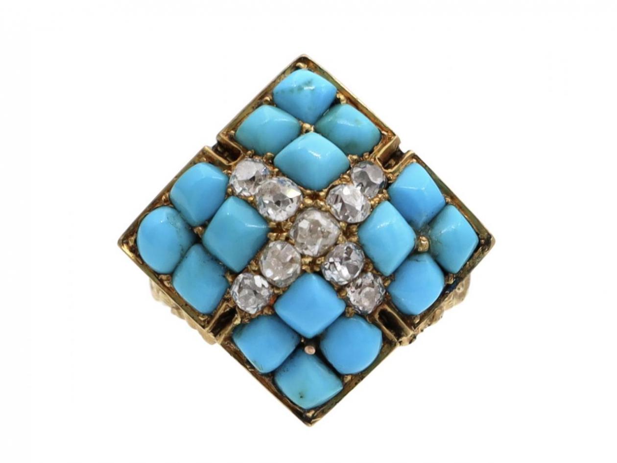 Antique Diamond & Turquoise Square Cluster Ring in 18kt Yellow Gold