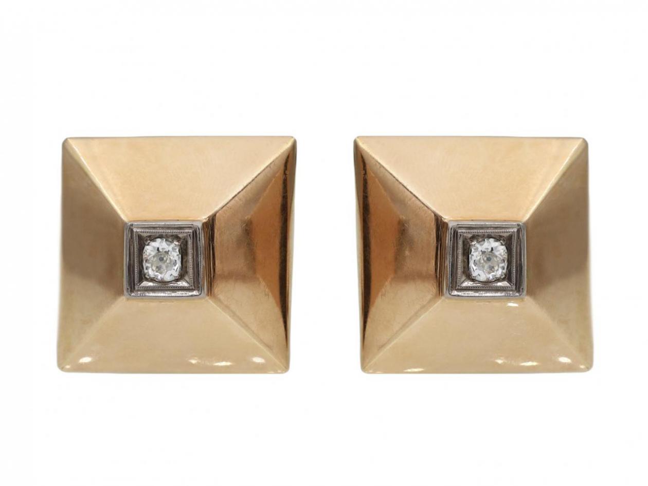 Retro Diamond Set Square Pyramid Clip-on Earrings in 18kt Gold