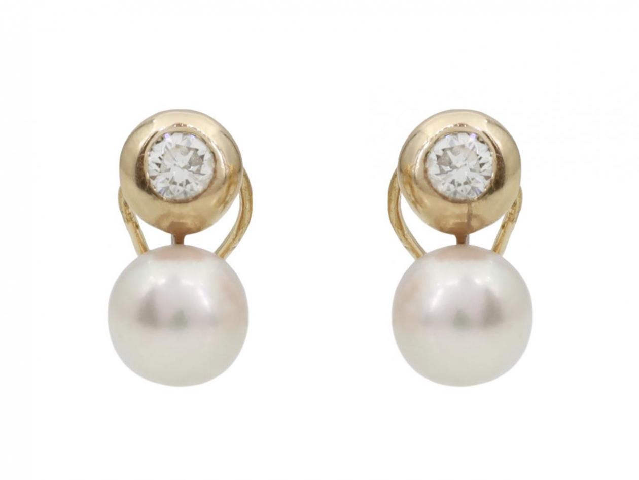 Vintage Diamond & Pearl Earrings in 18kt Yellow Gold