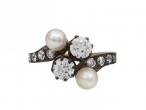 French antique diamond and natural pearl four stone ring in silver on gold