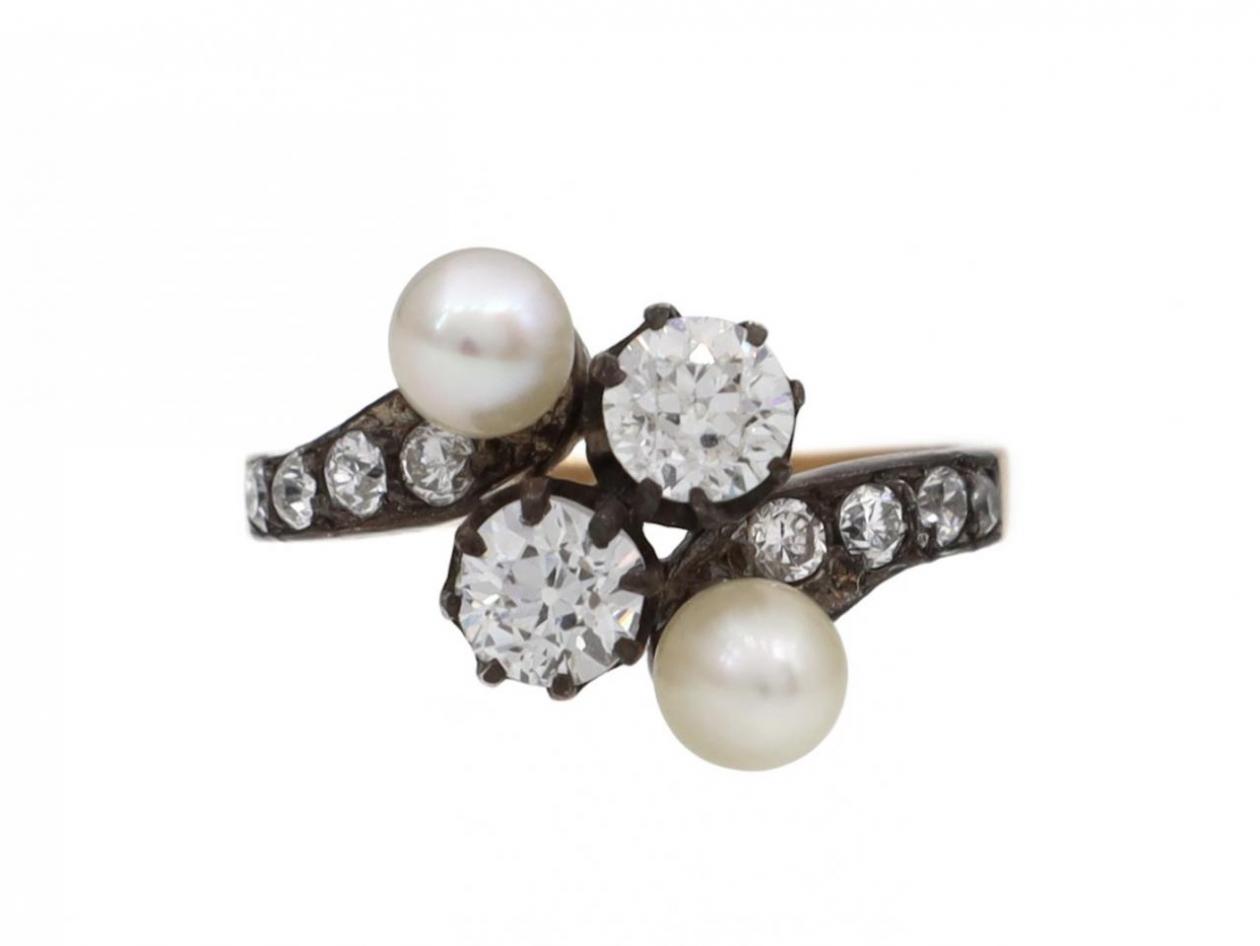 French antique diamond and natural pearl four stone ring in silver on gold