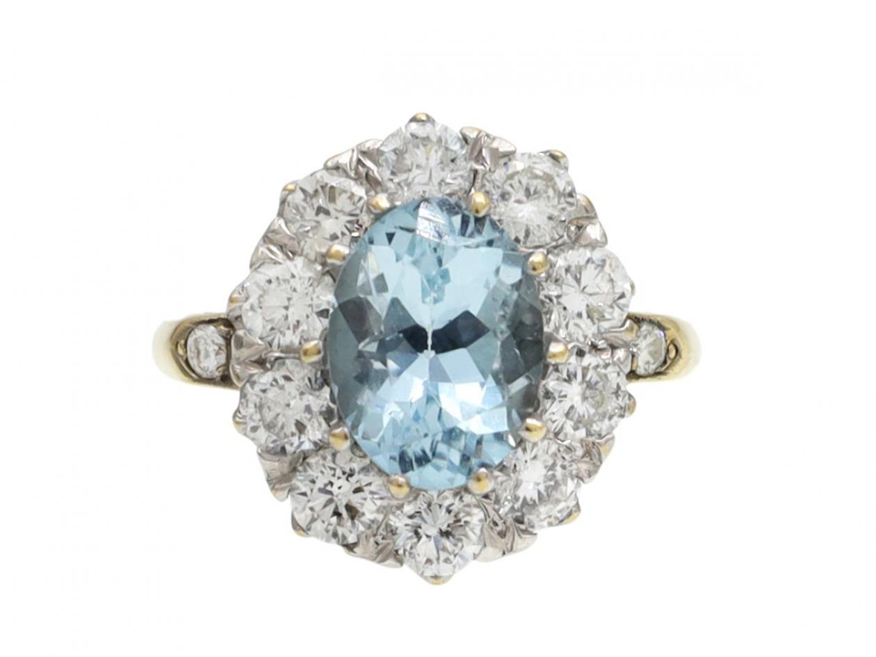 aquamarine ring, vintage ring, aquamarine and diamond cluster ring, coronet cluster ring