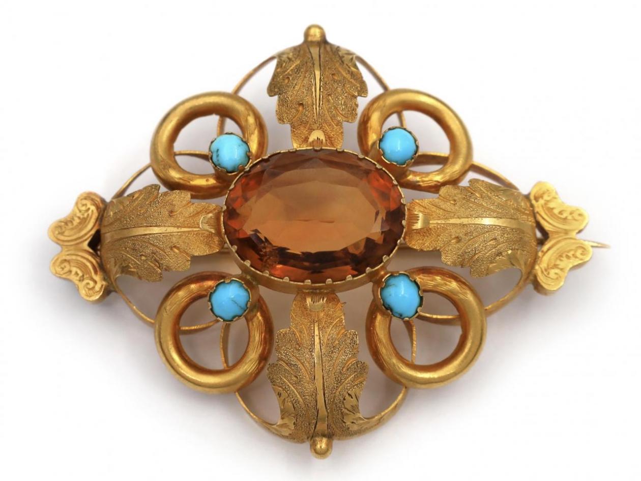 Victorian citrine and turquoise openwork brooch in yellow gold