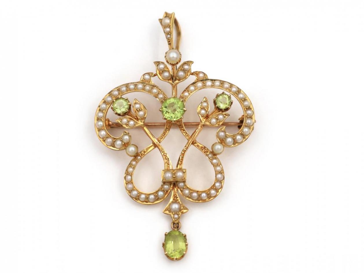 Edwardian peridot seed pearl pendant brooch