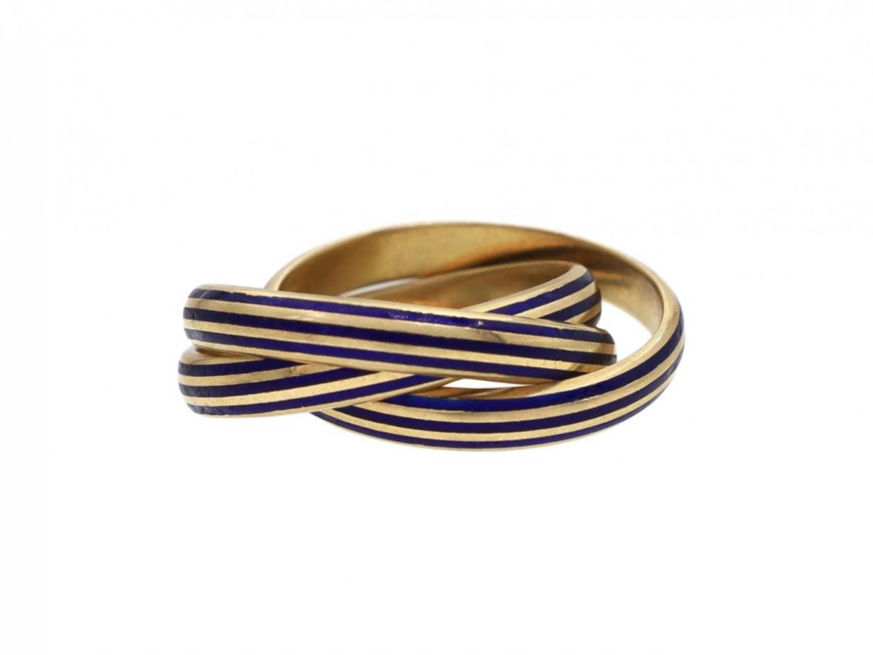 Vintage 18kt yellow gold trinity rings with striped blue enamel