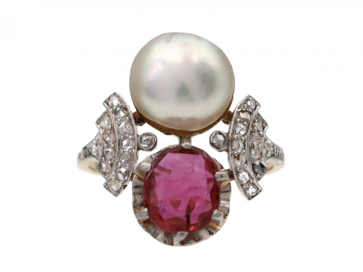 antique ring, toi et moi ring, ruby and pearl two stone ring, engagement ring