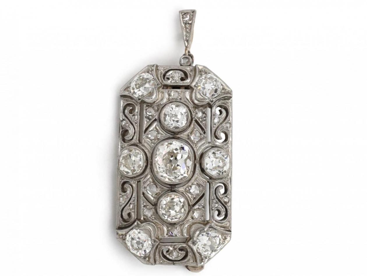 Art deco pendant brooch, old mine cut diamonds, pendant brooch, antique diamond brooch