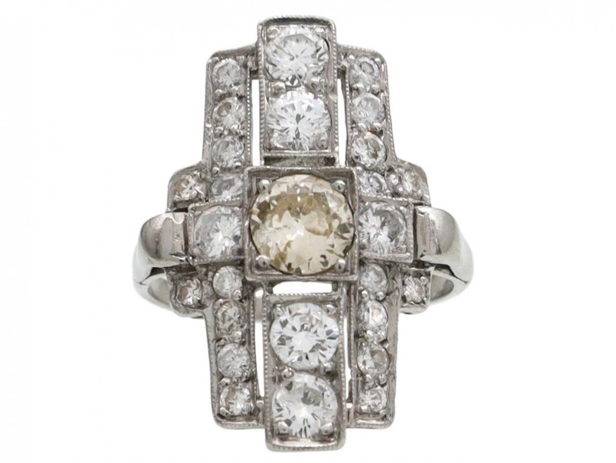Art Deco Fancy Cognac Diamond & Diamond Panel Ring in Platinum