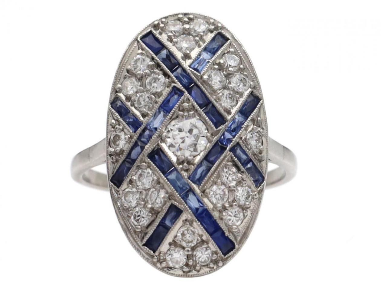 Art Deco ring, shield ring, antique ring, sapphire and diamond ring