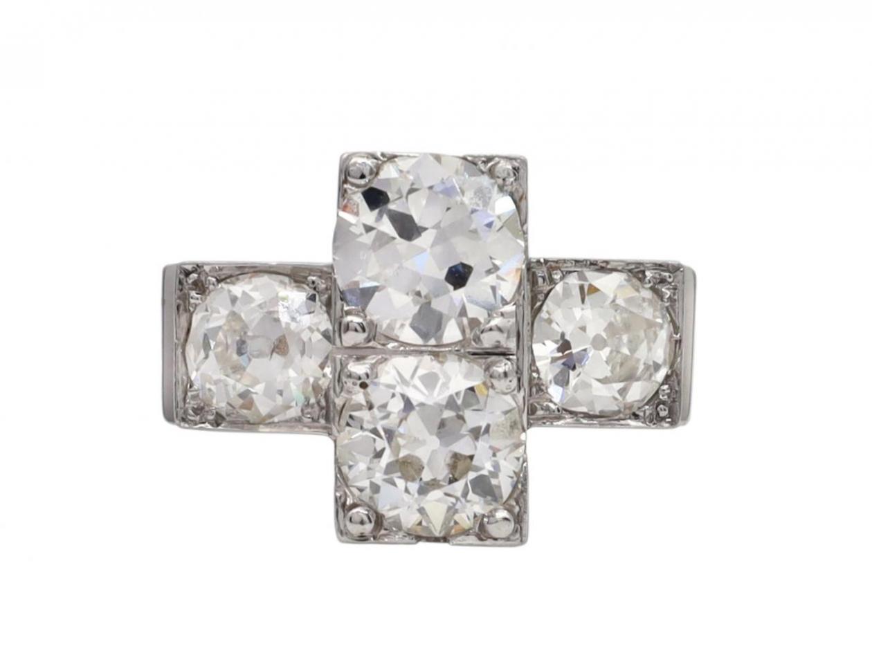 art deco diamond ring, vintage ring, diamond four stone cross ring in platinum, 1940s ring