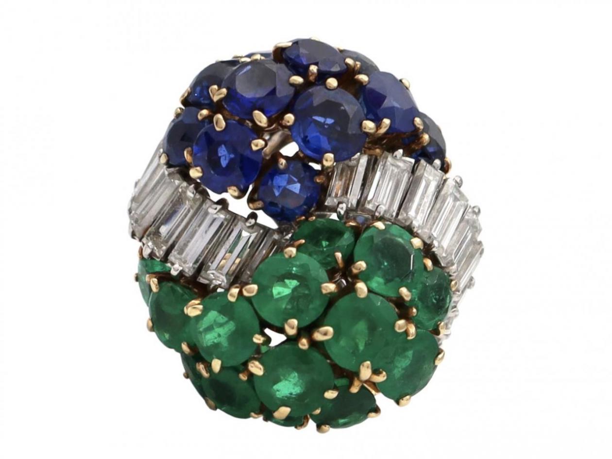 Mauboussin ring, vintage ring, oval cluster ring, diamond, sapphire, emerald knot cluster ring