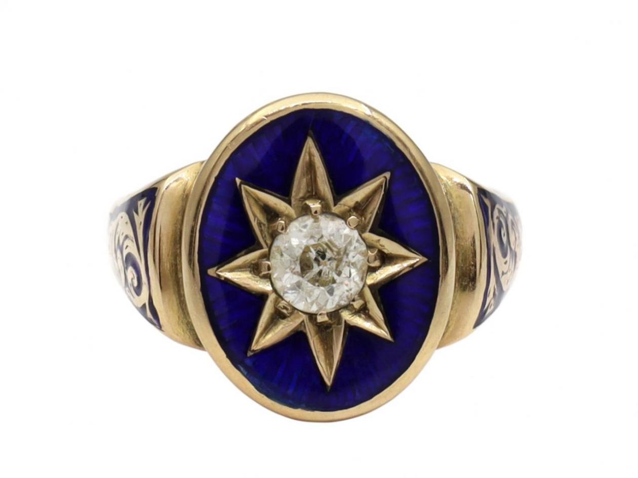Victorian Oval Shield Signet Ring with Blue Enamel in Gold