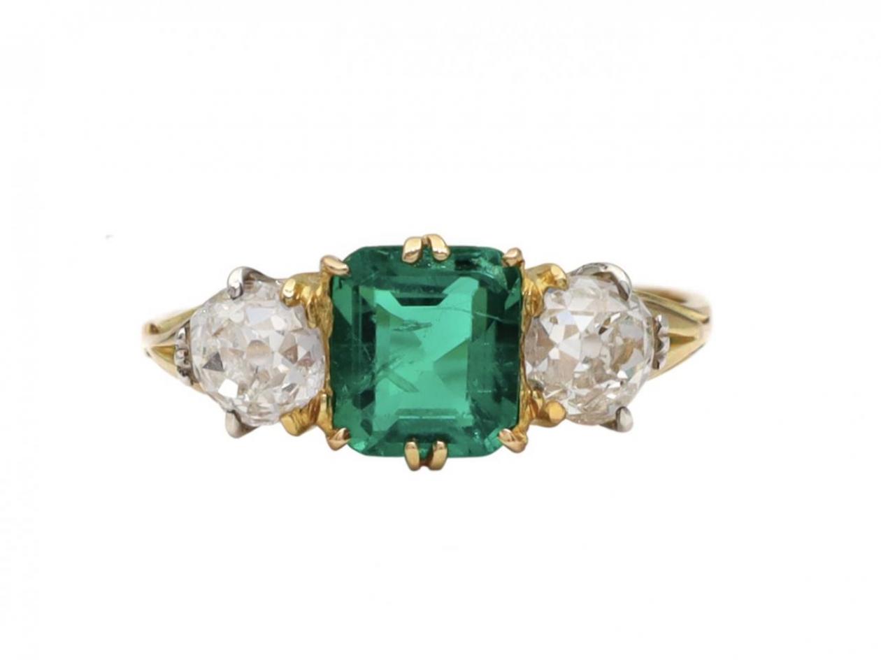 Victorian Colombian Emerald & Diamond Three Stone Ring