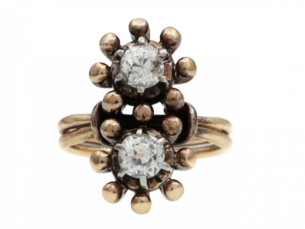 Antique Vertical Two Stone Old Mine Cut Diamond Ring