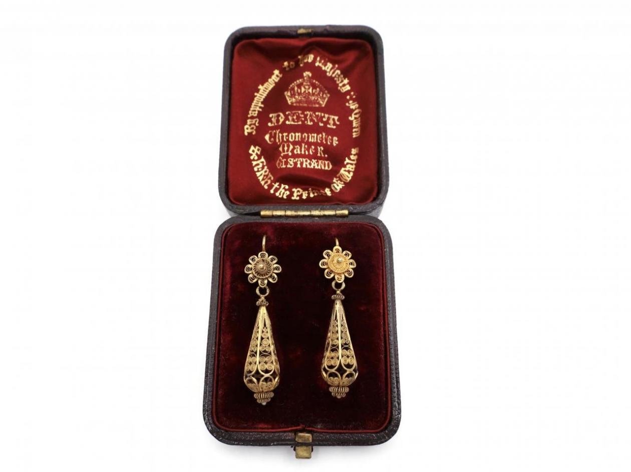Antique Torpedo Filigree Drop Earrings 18kt Yellow Gold